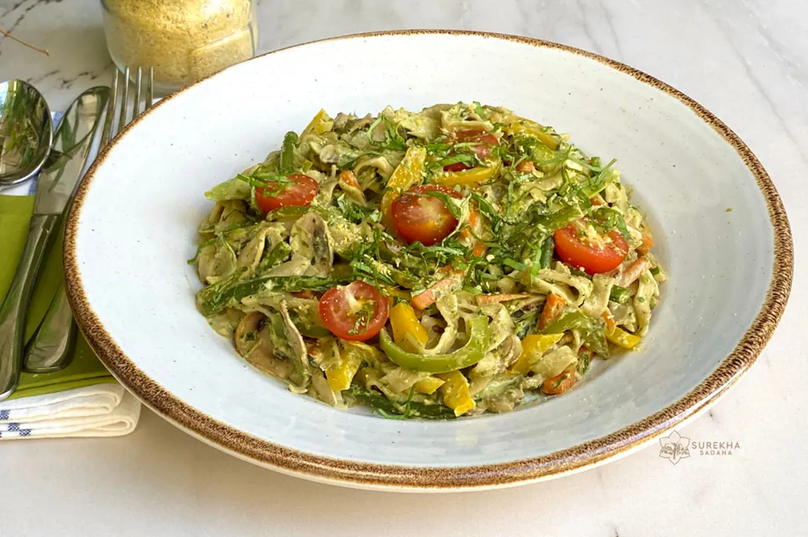 Delicious Flat Pasta Noodles(Fettuccine) with pesto sauce - Surekha Sadana